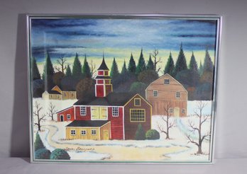 Vintage Village Winterscape Jonas Bradford Framed Folk Art Original Oil  On Canvas