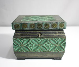 Intricately Carved Green And Black Wooden Jewelry Box