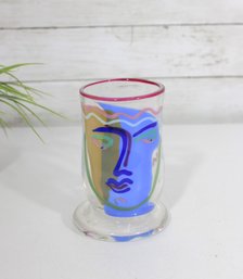 1980s William Bernstein Art Glass Face Goblet  Hand Blown Portrait Tumbler  Picasso Style  5'