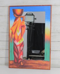 Hand-Painted Mirror With Figurative Art Frame  Bold Modern Design, 24' X 16'