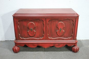 Vintage Red Wooden Storage Chest With Claw Feet  Ornate Carved Design