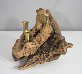 Vintage  Mid Century Driftwood & Brass Candle Holder Centerpiece-10'h