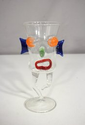 Massimo Lunardon Blues Face Art Glass Goblet  Hand-Blown Italy  7.5 Tall