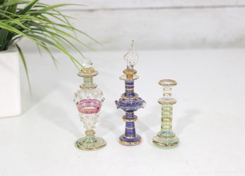 Vintage Decorative Art Glass Perfume Bottles  Set Of 3 With Stoppers  Hand Blown Iridescent & Gold Accents