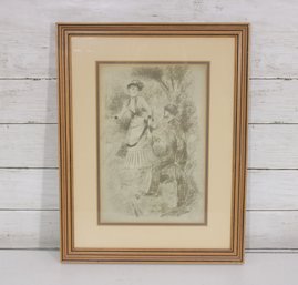 Vintage Framed Black & White Illustration  Victorian Couple Scene, Approx. 11.5' X 13.5'
