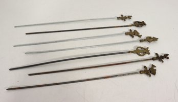 Lot Of 7 Vintage Ornate Brass Top Metal Skewers / Cocktail Picks  16 Long