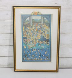 Framed Whimsical Crowd Scene Art Print  Colorful Storybook Style, 17.5' X 12'
