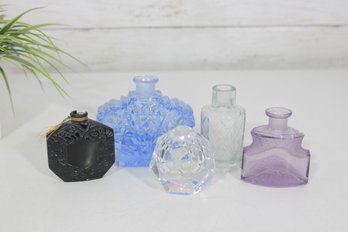 Vintage Art Glass Perfume Bottles  Lot Of 5  Blue, Purple, Black & Clear Vanity Display