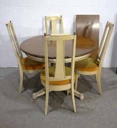 Vintage Round Dining Table With 4 Chairs & Leaf Extension  Cream & Gold