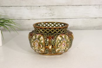 Vintage Majolica Style Footed Jardiniere Planter  Highly Decorated Raised Floral Panels  5 Tall