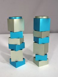Modernist Aluminum & Blue Cube Stacked Candlesticks  Signed Limited Edition, 6.75'