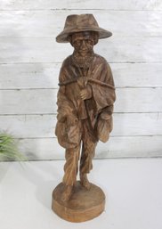 Hand-Carved Wooden Figurine Of Elderly Man With Staff  Folk Art Sculpture, 20' Tall