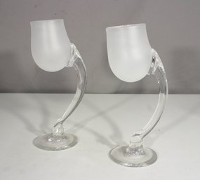 Signed Modern Hand Blown Art Glass Goblets  Pair, 10' Tall
