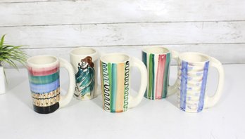 Set Of 5 Hand-Painted Studio Pottery Mugs  Abstract & Figural Designs  5.5'H