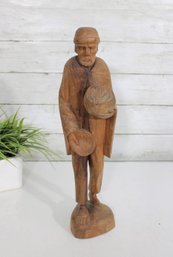 Hand-Carved Wooden Figurine Of Man With Hat & Bowls  Folk Art Sculpture, 15.5' Tall