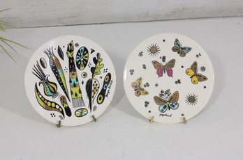 Pair Georges Briard MCM Trivets  Fruit & Butterfly Designs  6' Round Ceramic Hot Plates