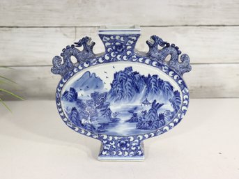 Chinese Blue & White Porcelain Vase With Dragon Handles  Hand-Painted Landscape Scene  8'H X 8'W