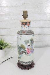 Vintage Chinese Porcelain Figural Table Lamp W/ Characters & Scenic Decoration 17.5'