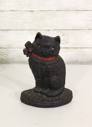Antique Cast Iron Cat Doorstop  8' Black Cat With Red Bow  Vintage Folk Art Charm