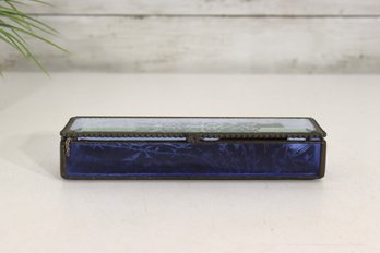 Vintage Cobalt Blue Glass Trinket Box With Etched Lid & Brass Trim  8'W X 2'D X 1.5'H