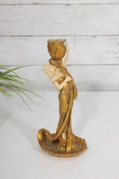 Vintage Modernist Lady Figural Candlestick  Gold Resin Art Deco Style  8.5' (Chip)