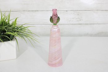 Vintage Caesar World Tall Art Glass Perfume Bottle  Pink Iridescent Swirl W/ Rose Stopper