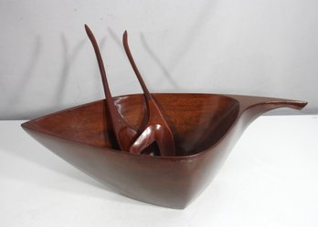 Vintage Mid-Century Modern Sculptural Teak Salad Bowl & Serving Utensils  20' Wide