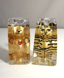 RENATE STOCK. Two Stained Glass Figurines-cat & Bear With Heart