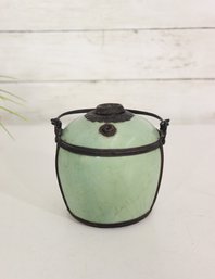 Antique Green Glazed Pot With Iron Handle & Lid  4.5'H Asian Ceramic Vessel