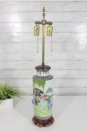 Vintage Asian Porcelain Table Lamp Hand Painted Scenic Figures Landscape Wood Base