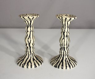 Signed Hand-Painted Ceramic Candlestick Pair  Zebra & Doodle Pattern  7' Tall