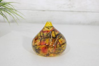 Hand Blown Art Glass Oil Candle   Amber & Red Swirl  3.5' Tall Decorative Piece