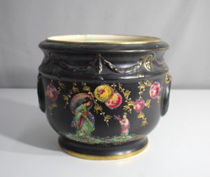 Vintage Hand-Painted Black Ceramic Planter With Oriental Design  Made In England  9' X 10'
