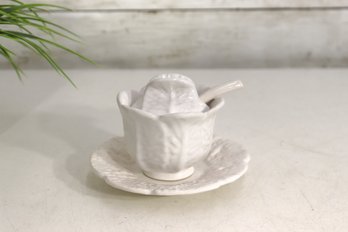 Vintage White Porcelain Leaf Condiment Set With Spoon & Saucer  Lettuce Leaf Design