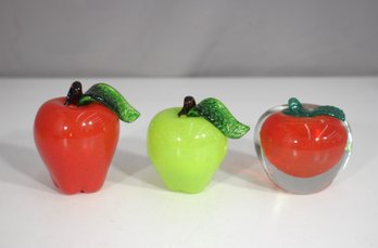 Set Of 3 Hand-Blown Art Glass Apple Sculptures  Red, Green & Clear