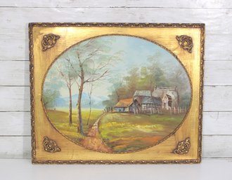 Vintage Framed Pastoral Landscape Painting  Country Cottage Scene In Gilded Frame, 18.5' X 22.5'