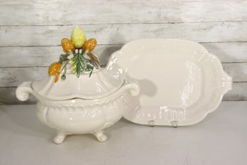 Large French Porcelain Tureen With Underplate  Fruit & Floral Finial  15'H X 16'W X 9'D, Tray 19' X 12.5'