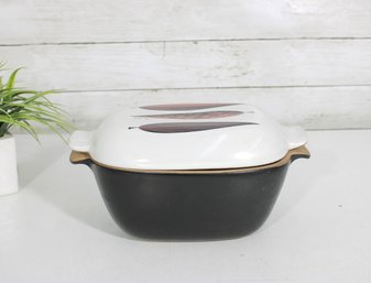 MCM Glidden Pottery Lidded Casserole Dish  Eva Zeisel Style Leaf Design  11 X 6.5 X 6'H