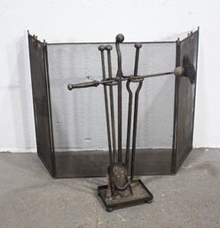 Vintage Wrought Iron Fireplace Tool Set With 3-Panel Mesh Screen