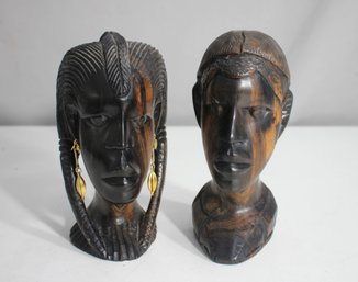 Pair Of Hand-Carved Rosewood  Busts  7.5' African-Inspired Sculptures