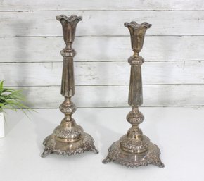 Pair Of 14' Silver-Plated Sabbath Candlesticks  Ornate European Judaica  Marked