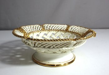 Porcelain Woven Basket With Gold Accents And Floral Motif