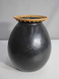 Handcrafted Black Clay Pot With Woven Rim  10' Decorative Vase