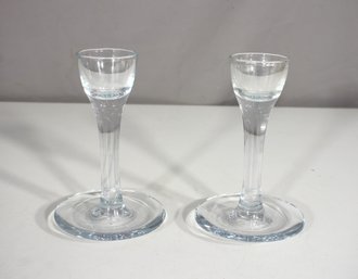 Pair Of Elegant Clear Glass Candlesticks  6.5' Tall  Modern Minimalist Design