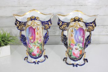 Pair Of 19th Century Paris Porcelain Vases  Hand Painted Floral Panels, Cobalt Blue & Gilt Accents, 14' Tall