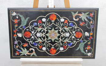 Black Marble Inlaid Table Top  Floral Marquetry Pietra Dura Style  18 X 30