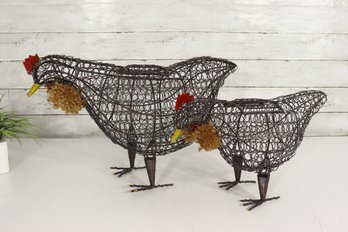 Set Of 2 Wire Chicken Baskets  Farmhouse Egg Holders  12'H & 9'H Rustic Country Dcor