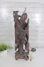 Vintage Asian Carved Figure Table Lamp Base Immortal Scholar Statue 28'  Needs Repair