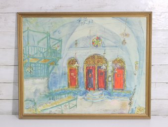 Framed The Synagogue At Safad, Israel Print  Arched Entry With Red Doors  Gold Frame  20.5' X 25.5'