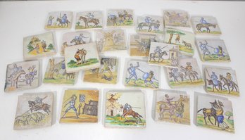 Vintage Hand Painted Ceramic Tiles  Medieval Knight & Don Quixote Scenes  Large Lot